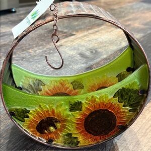 Bronze Bird Feeder With Embossed Glass Sunflowers.